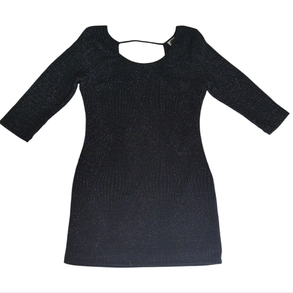 Deb Shimmer Sparkly Embellished Lined Mini Dress XL Black Silver Cut Out Back